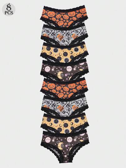 Dircho 8-Piece Women's Cute Dark Briefs Set & Pumpkin Pattern & Celestial PrintBlack Lace Trim & Soft Fabric & Mixed ColorwayDaily Comfort Underwear & Playful Mystic Style