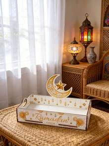 1pc Ramadan Crescent Moon & Star Wooden Tray, Party Snacks & Beverage Wooden Storage Box, Islamic Style Dessert Cake Wooden Display Tray, Arabian Style Tabletop Sweets & Snacks Wooden Serving Tray, Ramadan Blessings - Multicolor - View 6