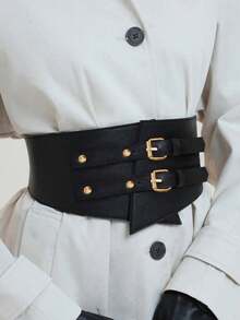 1pc Women's Versatile Personalized Black Gold Double Buckle Adjustable Waist Belt, Suitable For Daily, Party, Commute And Other Occasions - Black - View 2
