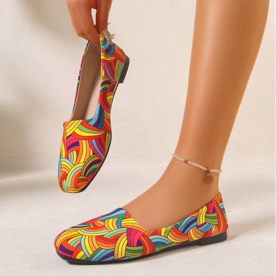 1 par de zapatos planos de moda casual/de uso diario con rayas de colores del arcoíris, adecuados para la playa, fiestas, primavera y otoño - Rojo - Ver 1