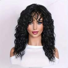 UFINE 18" Black Long Curly Wig With Bangs, High Temperature Fiber, 150% Density, Basic Style Suitable For Daily Wear And Parties - Black - View 3