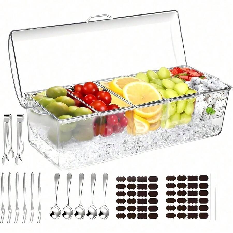 Large Chilled Condiment Server Caddy With 5 Removable Serving Tray, FREE Stainless Steel 5 Spoons, 5 Forks And 2 Tongs | Upto 80Oz Ice |  Material | Bar Accessories Fruit And Salad - Người phục vụ gia vị - Xem 1