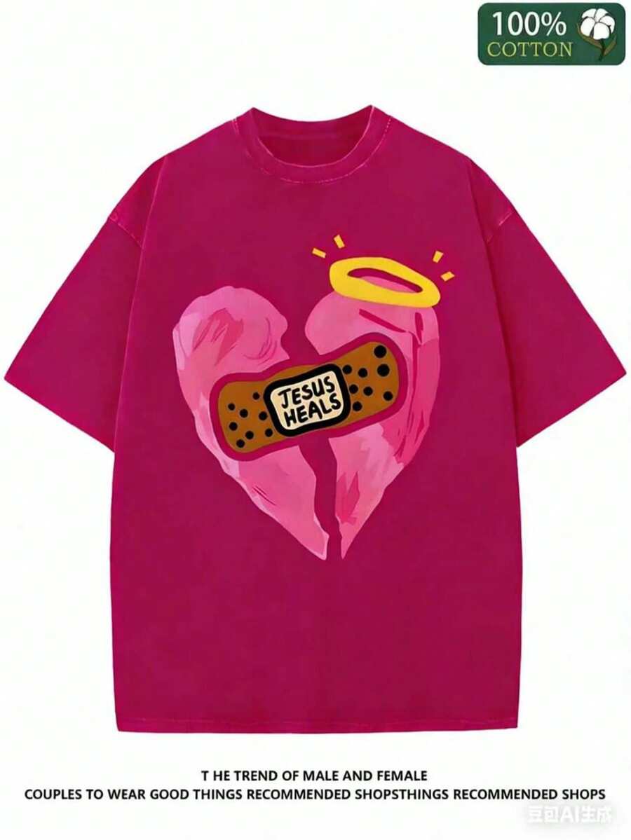 Jesus Healing Christian Printed T-Shirt, 1 Piece, 230g Washed, High-Quality Wax Printed Cotton Retro Fashion Brand T-Shirt, Suitable For Summer T-Shirt With A Certain Thickness, Holiday Gift - Unisex Plus Size Top-Valentine Gift - 玫紅色 - 查看 1