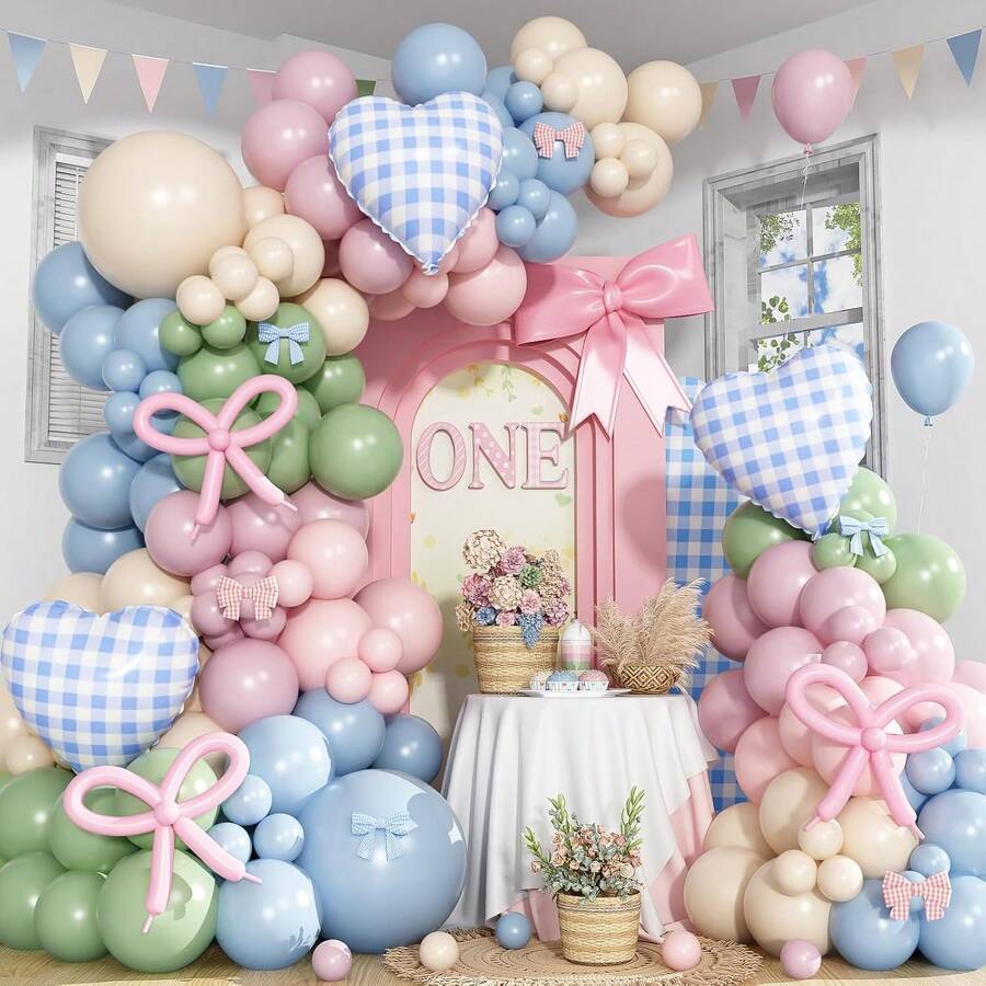 136pcs Goose Shaped Balloon Arch Set, Includes Heart Foil Balloons, Blue, Green, Pink, Apricot And Oblong Latex Balloons. Suitable For Birthday Party, Baby Shower, 1st Birthday Party, Fairy Theme Party, Princess Theme Party And Various Other Party Decorations. - Multicolor - View 1