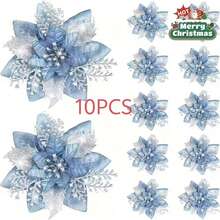 10 piezas de decoraciones navideñas reutilizables de plástico azul de 5.7 pulgadas con diseños de árbol de Navidad y flor de Pascua, sin plumas, adecuadas para la decoración general de vacaciones - Azul - Ver 7