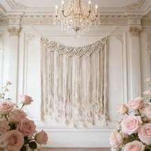 1pc Macrame Wall Hanging, Boho Style Wall Decor Tapestry, Handmade Macrame Valance Fringe Curtain, Wedding Backdrop, Headboard Decor - Beige - View 4