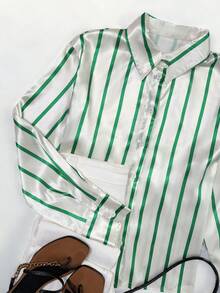 女士休闲宽松撞色条纹翻领纽扣长袖衬衫，春夏秋季 - 彩色 - 查看 5