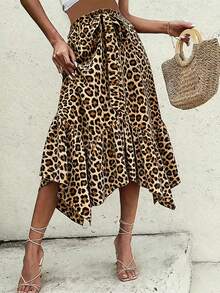 女士波西米亚风休闲不对称豹纹中长裙，荷叶边裙摆，系带腰身，适合度假夏季穿着 - 咖啡色 - 查看 2