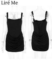 Liré Me Sexy Ruched Sleeveless Bodycon Mini Dress With Tie-Up Details, Perfect For Valentine's Day Dates, Concerts, And Cocktail Parties - Black - View 7