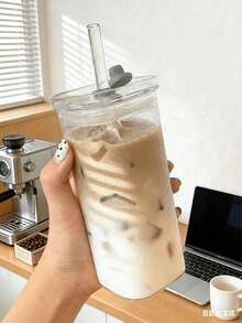 1 Stück 400ml quadratischer, hitzebeständiger Kaffee-Glas-Becher mit Deckel und Strohhalm, transparenter Milch-Tee-Saft-Becher, Kaffeetasse für Zuhause, Bar, Trinkgeschirr, Schul-Zubehör - Verschiedenfarbig - Übersicht 4