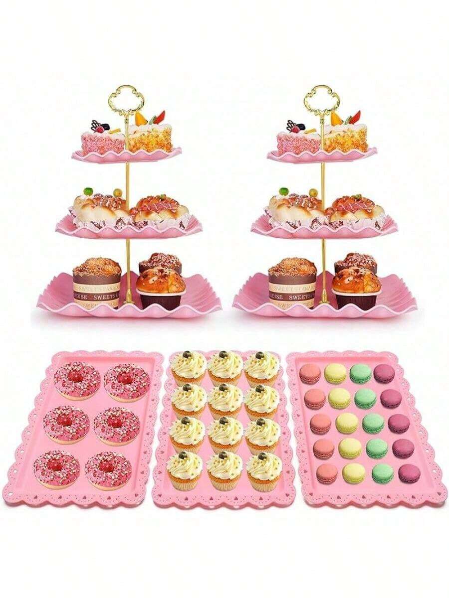 5 Piezas Soportes para Pastelitos,Torre para Cupcakes de 3 Niveles y Bandeja para Galletas,Juego de Decoración para Mesas de Postres para Bodas,Fiestas de Té,Cumpleaños y Baby Showers - Rosa - Ver 1