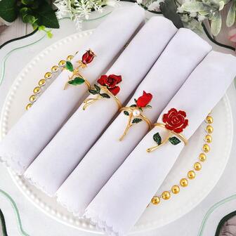 4ชิ้น แหวนผ้าเช็ดปากลายดอกกุหลาบ เหมาะสำหรับตกแต่งโต๊ะงานแต่งงาน, ที่ใส่ผ้าเช็ดปาก, แหวนผ้าเช็ดปากรูปหัวใจสำหรับวันวาเลนไทน์, อีสเตอร์, วันขอบคุณพระเจ้า, วันแม่