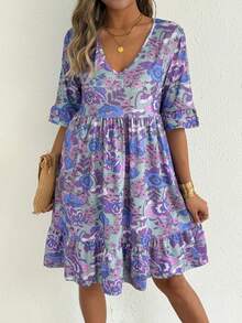 Neues Sommer V-Ausschnitt Midi-Kleid mit Blume Muster im Boho-Stil für Frauen