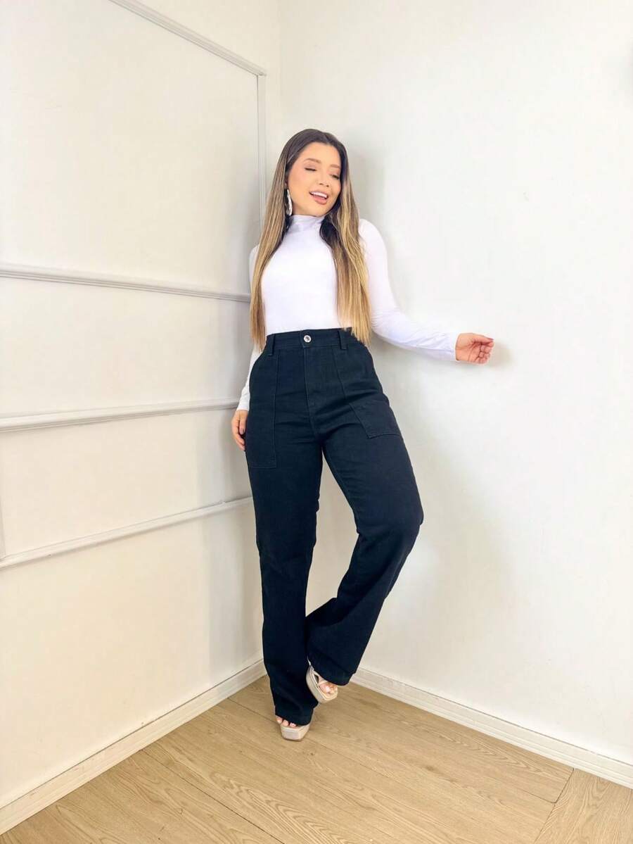 Calça Wide leg   Casual    Jeans    Zíper  Bolso  Botão    Escritório  Férias - Preto - Visão 1