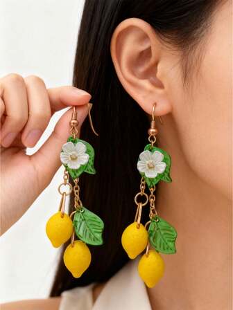 1件欧美时尚串珠吊坠柠檬耳环，绿色水果耳环，适合女性日常佩戴