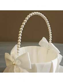 1pc Elegant Large Bow Faux Pearl Handle Confetti Basket - Satin Round Party Decor, Ruffled Trim, , Suitable For Valentine's Day, Wedding, Proposal
