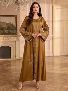 Casual Loose Long Robe Rhinestone Print Long Sleeve Round Neck Elegant Robe - Brown - View 3