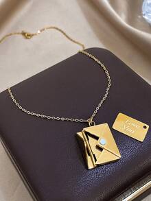 1Pc Sparkling Gold Envelope Pendant Necklace - The Envelope Opens, Features A Simple Design, Suitable For Everyday Casual Wear, Unisex, Valentine's Day Gift, Stainless Steel Necklace - Multicolor - View 6