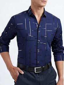 Striped Long-Sleeved Men's Shirts Are Suitable For Business Travelers In Autumn And Winter - Màu xanh hải quân - Xem 2