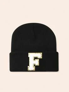 1pc Unisex Personalized Embroidered A-Z Letter Elastic Knit Beanie Hat, Fashionable Streetwear Knit Cap, Suitable For Autumn/Winter Daily Wear - Black - View 11