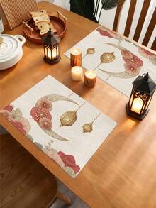 1条斋月月亮图案桌旗，斋月家居装饰桌旗，伊斯兰家居装饰，1条桌旗，4个餐垫，1个靠垫套，3种产品可选，家居装饰室内/室外派对用品，房间装饰。适用于斋月家居厨房装饰和斋月活动派对装饰。 - 彩色 - 查看 6