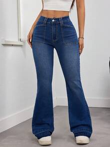 复古低腰修身喇叭牛仔裤，深蓝色，优雅的夏季度假风和日常休闲穿着弹力长款牛仔裤 - 中等水洗藍 - 查看 6