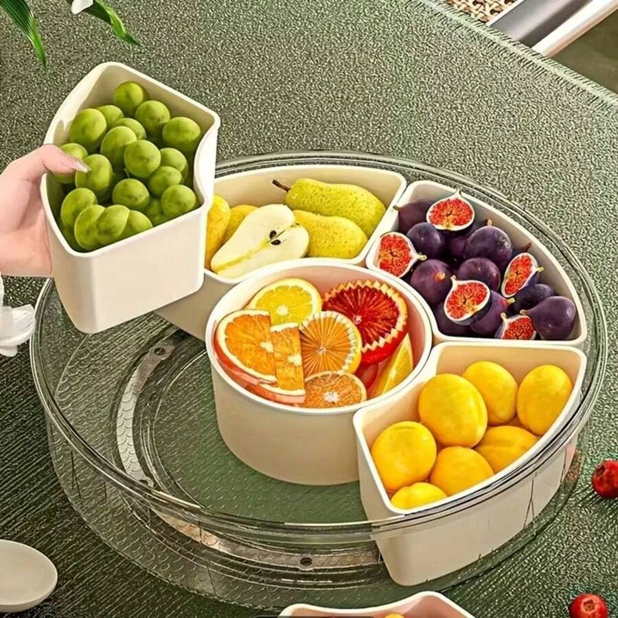 Round 6-Compartment Food Storage Container - Circular Organizer For Spices Candy Nuts Snacks, Kitchen Pantry Countertop Organizer With Removable Dividers, Clear Stackable Home Storage Solution, Essential Household Organization System