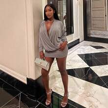 Women's New Sexy V-Neck Slim Bottom Stitching Long-Sleeved Dress - 灰色 - 查看 3