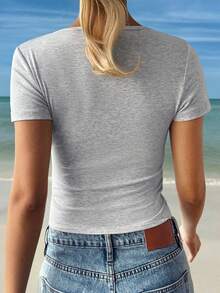 Y2K Style Fitted Solid Color Crew Neck Short Sleeve T-Shirt For Women, Suitable For Back To School, Beach Travel And Casual Wear - Light Grey - View 2