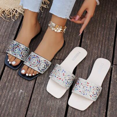 Women's Summer Colorful Rhinestone Floral Pattern Sandals, Soft Vintage Style, Elegant Slip-On Flat Slippers