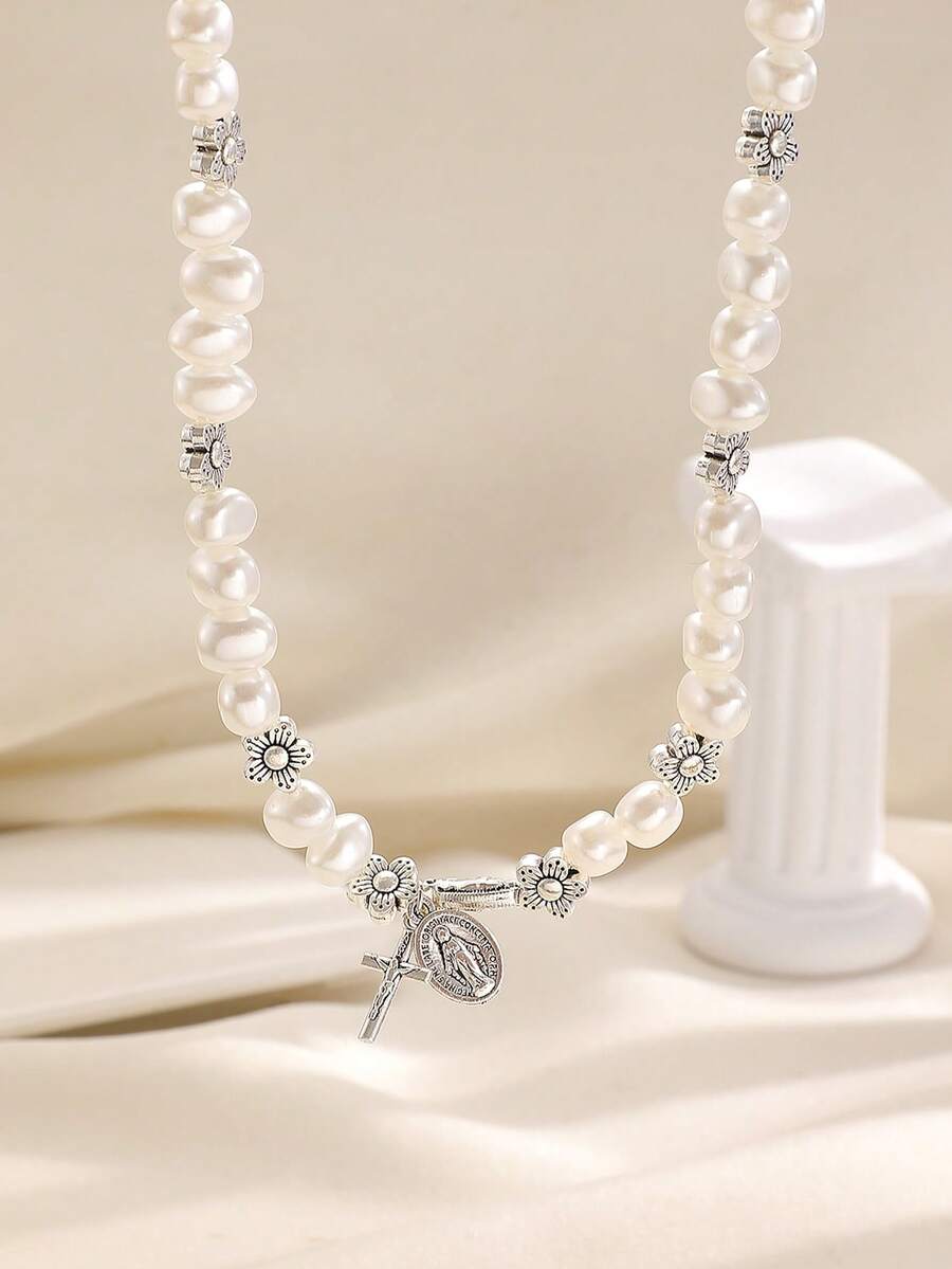 1件优雅基督教圣母玛利亚耶稣十字架吊坠仿珍珠项链，男女皆宜的日常配饰，时尚首饰 - 復古銀色 - 查看 1