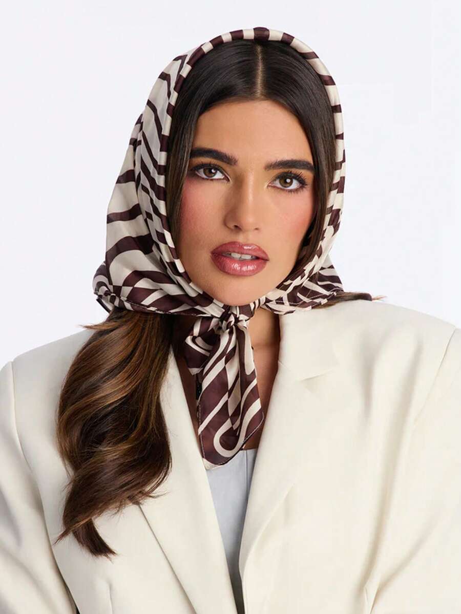 1条复古撞色真丝围巾，韩式印花拼接围巾，90x90厘米方形围巾披肩，防晒旅行两用 - 咖色 - 查看 1