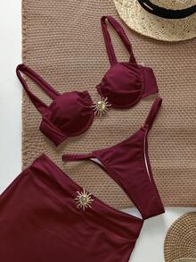 Conjunto de 3 piezas de bikini de estilo europeo sexy para mujer, para vacaciones de verano - Color caoba - Ver 6