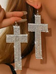 闪亮爪链珠宝，华丽派对风格十字架吊坠耳环，夸张大号女士耳坠 - 銀色 - 查看 6