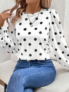 Acelitt Women's White Polka Dot Print Ruffle Cuff Casual Long Sleeve Shirt, Spring - White - View 3
