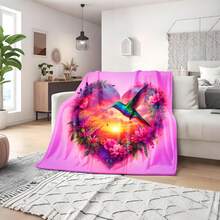 Blanket  Flannel  Ultra-Soft and Warm Throw, 280gsm Blanket for Couch, Bed,  Heart Shape Hummingbird Floral Sunset Pink Background , Lightweight, Machine Washable, office student dormitory nap blanket home sofa cover blanket, Cozy Gift Idea. - Verschiedenfarbig - Übersicht 3