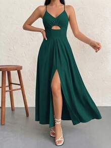 Women Summer Spaghetti Strap Dress Sleeveless V Neck Cutout High Split Smocked Backless Sundress Solid Color Casual Spring Holiday Vacation Beach Dating Wedding Guest Party Maxi Dresses With Pockets - 墨綠色 - 查看 6