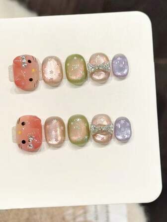 10 st korta ovala handgjorda press-on-naglar för fest och vardagsbruk, naglar i flera färger, ovala naglar, glänsande och bländande, lätta att bära 10 st Y2K handgjorda press-on-naglar, lämpliga för tjejer och kvinnor, festivaler, fester och vardagsbruk