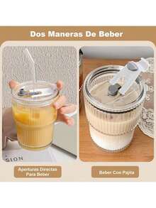 Taza de vidrio con Tapa y Pajita,Juego de Tazas de Café de ,Juego Moderno de Taza de Café Exquisita,Apto Tanto para Frío Como para Calor para Cerveza,Whisky,Capuchino,Té,Leche,Cola - 1 artículo - Ver 10