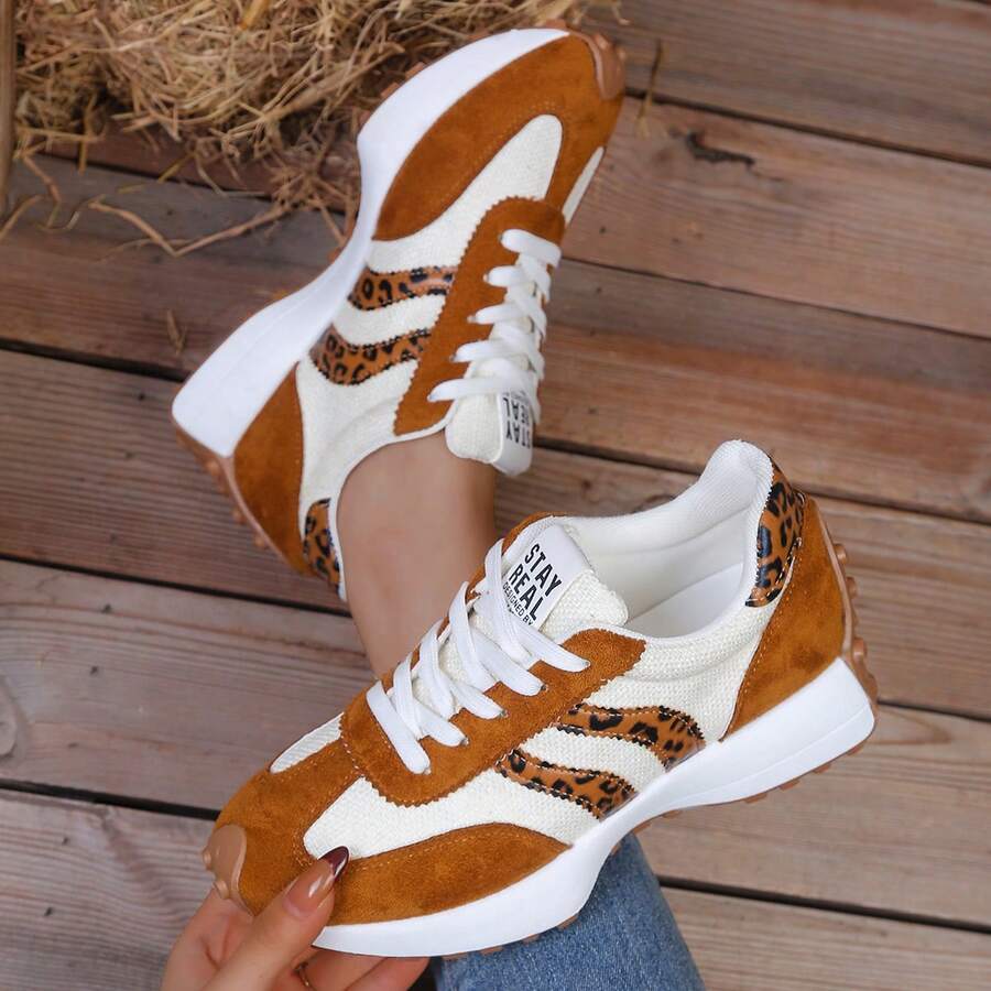 女士舒适透气撞色复古休闲运动鞋，多功能户外鞋，轻便平底鞋，腰部设计，厚底运动鞋，女士透气运动鞋 - 豹紋米 - 查看 1