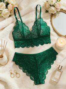 两件套女士性感内衣套装，可调节肩带三角文胸和性感丁字裤，半透明诱惑家居服，舒适性感内衣套装 - 墨綠色 - 查看 8