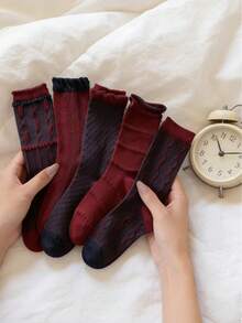 5 Pairs Angora Red Cuffed Mid-Calf Women's Socks, Polka Dot Pattern, Versatile Japanese Style, Random Delivery