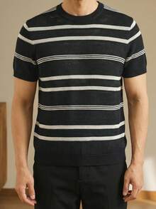 男士条纹圆领短袖休闲针织上衣 - 黑色 - 查看 7