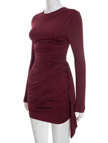 Robe moulante mini décontractée et élégante pour femmes, manches longues col rond, en tissu tricoté, design froncé, robe pour dames en rouge vin, convient pour la Saint-Valentin - Rouge foncé - Voir 6