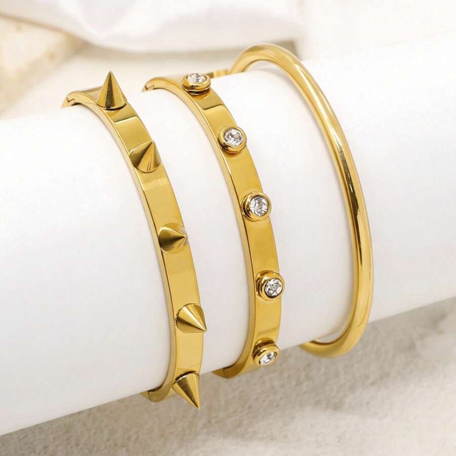 Set de 3 piezas de pulsera de acero inoxidable con remaches, pulsera de lujo con incrustaciones de rhinestone, no se desvanece, hipoalergénica, apta para hombres y mujeres, para uso diario - Conjunto de tres piezas de pulseras - Ver 1