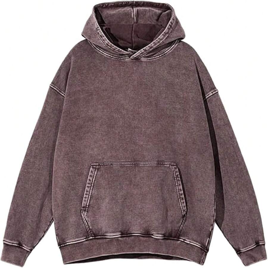 [Free Shipping]Mens Hoodies Oversized Unisex Acid Wash Hoodie Heavyweight Fleece Vintage Cotton Sweatshirt Men Women - A咖啡 - 查看 1