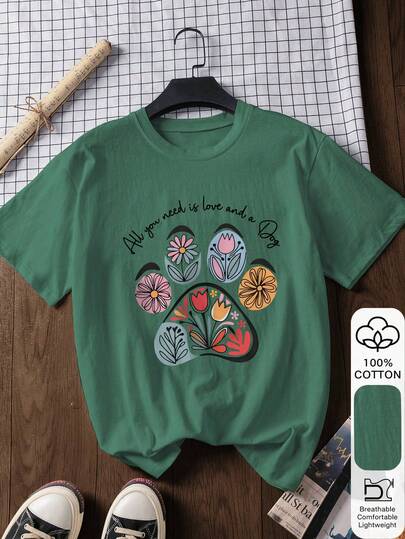 Dog Paw & Flower Print 100% Cotton Short Sleeve T-Shirt For Women, Summer Tee, Printed Tee, Casual Summer Outfit, Cotton T-Shirt, Summer Top, Oriental Aesthetic Streetwear Inspired 2026 Milan Print T-Shirt - 100% Premium Cotton Easter Bunny Print Short Sleeve T-Shirt, 2026 Back To School Outfit, School Inspired Outfit, Back To School Essential, First Day Of School Outfit, 2026 Back To School Look, Retro Women Top, Collegiate Style Clothing