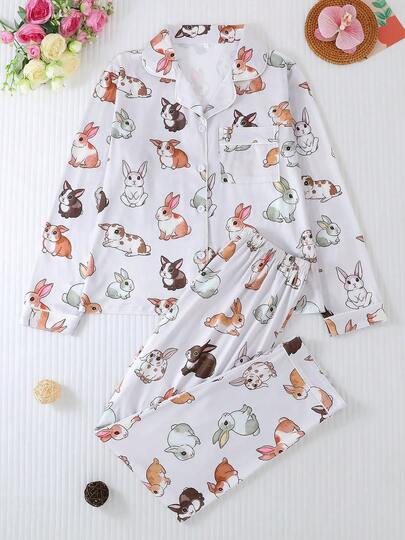 两件套女士睡衣套装，翻领纽扣长袖上衣搭配松紧腰宽松长裤，四季皆宜，舒适宽松，全新卡通兔子印花