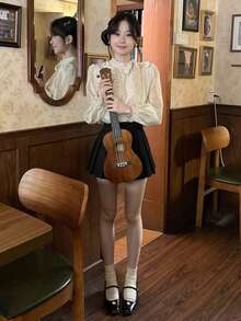 女士休闲温柔优雅杏色波点衬衫，甜美可爱蝴蝶结长袖上衣，秋冬春季 - 杏色 - 查看 5