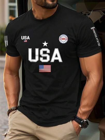 美国国旗印花圆领短袖T恤，男女皆宜的休闲运动T恤，时尚情侣款，适合夏季派对、运动、旅行